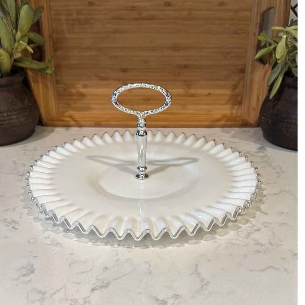 vintage Fenton milk Glass Silver Crest Serving Tray with a metal handle 12.5”